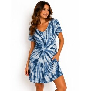 Knot & Jewel Women Dress L Blue White Tie Dye V-Neck Short Sleeve T-Shirt NWT
